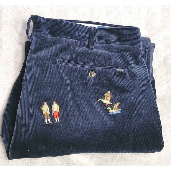 Polo Ralph Lauren Corduroy Pants Men 36x30 Blue Embroidered Duck Hunting Classic - Picture 1 of 14